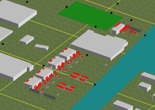 Predictive acoustics site model showing buildings, equipment, and modeled generator or data center noise sources.